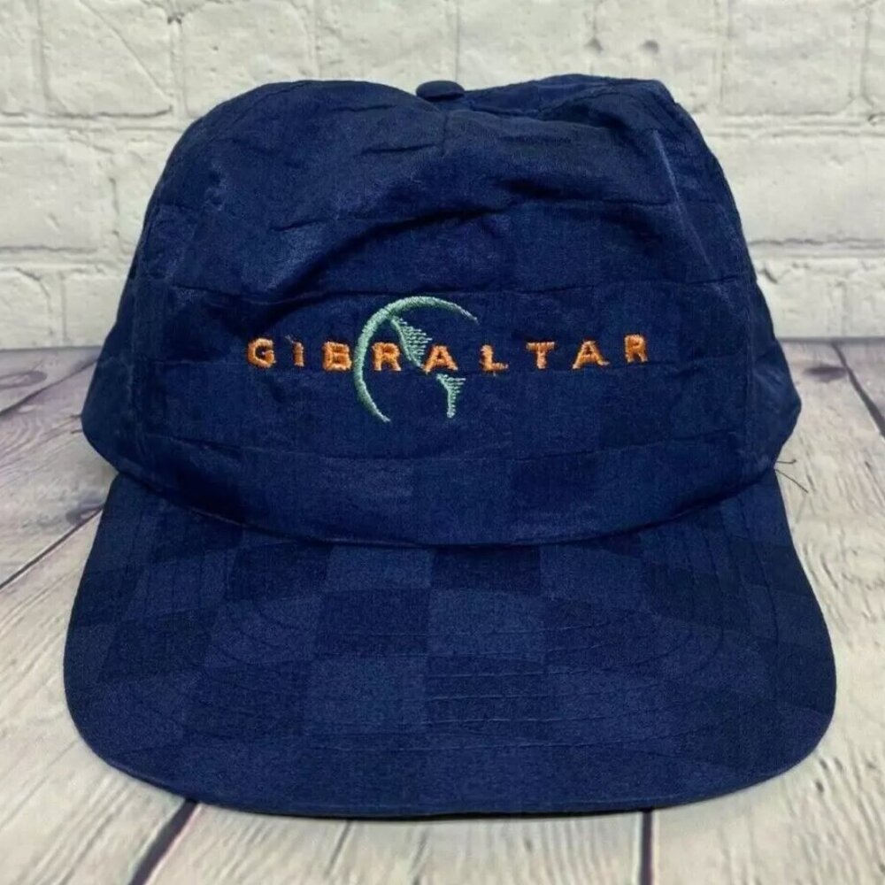 Vintage Trucker Hat Checkered Nylon Rope Cap Gibraltar Embroidered Logo Blue